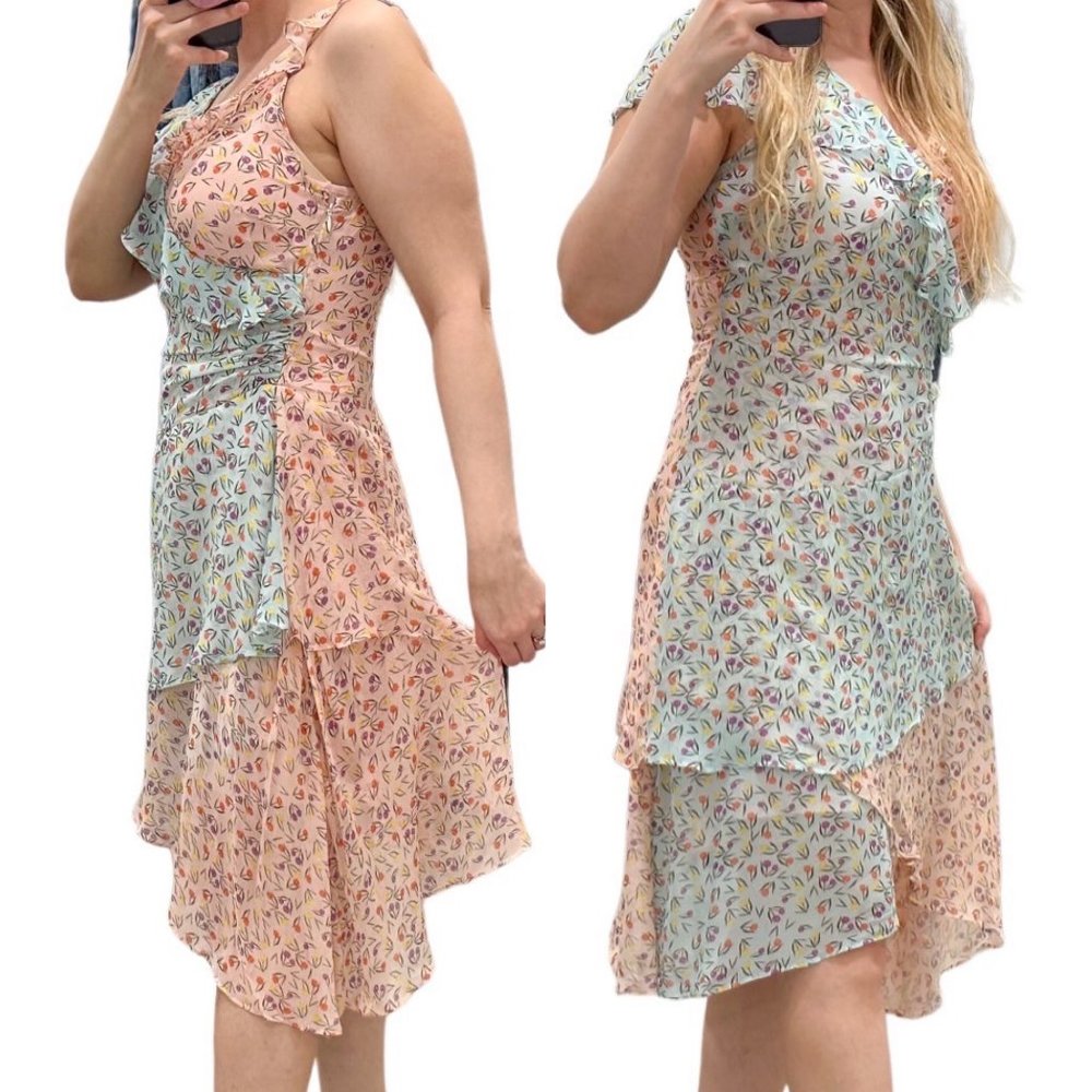 Anthropologie LAIA Mixed Floral Print Ruffle Asymmetrical Midi Dress Pink Blue - Picture 3 of 17